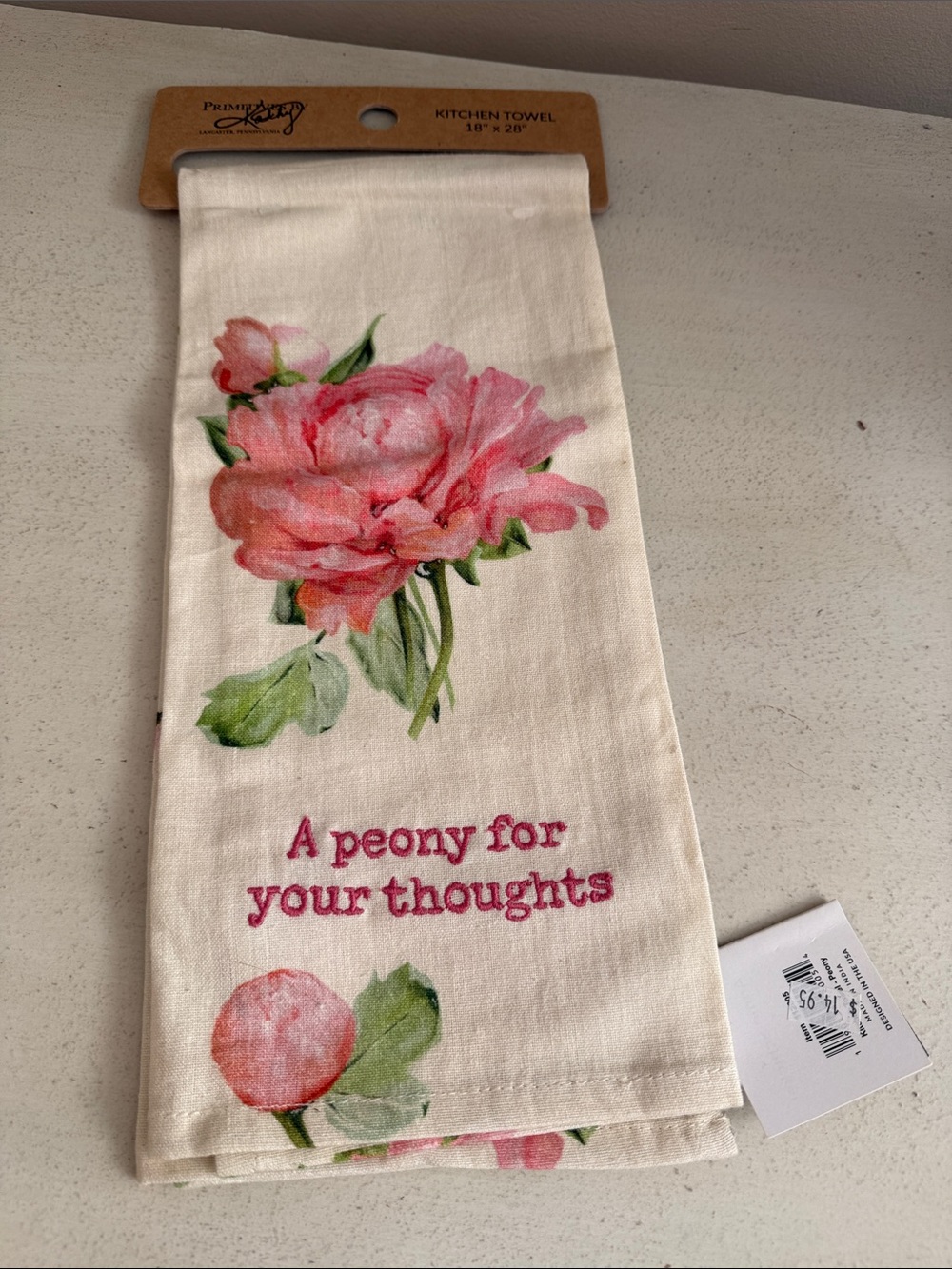 Primitives by Kathy Cream Towel with Pink Peony Design and Embroidered Script